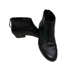 Black Leather Ankle Boots with‎ Gold Studded Heel Accent Booties